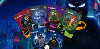 Seis credenciais colecionáveis da Gamescom Latam 2026 com personagens de LEGO Batman: O Legado do Cavaleiro das Trevas sobre fundo preto