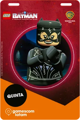 gamescom latam 2026: qual credencial de LEGO Batman você vai querer mais? 1 Mulher-Gato O fundo vermelho combina com o visual sombrio da personagem.