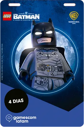 gamescom latam 2026: qual credencial de LEGO Batman você vai querer mais? 5 Pacote 4 dias — Batman O fundo sóbrio combina com o herói titular.