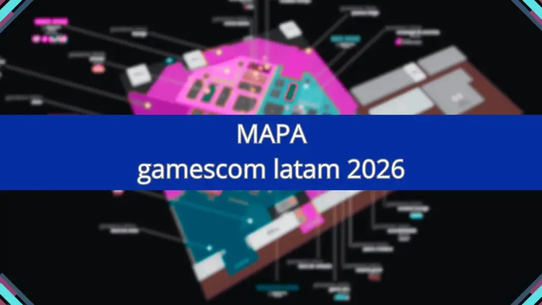 Mapa oficial da gamescom latam 2026 com as quatro zonas do evento no Distrito Anhembi, São Paulo