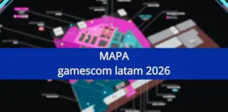 Mapa oficial da gamescom latam 2026 com as quatro zonas do evento no Distrito Anhembi, São Paulo