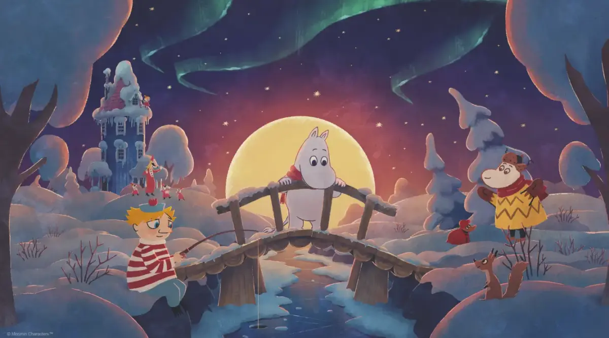 Confira os lançamentos de jogos da última semana de abril e início de maio de 2026 2 Cena do jogo Moomintroll: Winter's Warmth com personagens em paisagem nevada sob aurora boreal