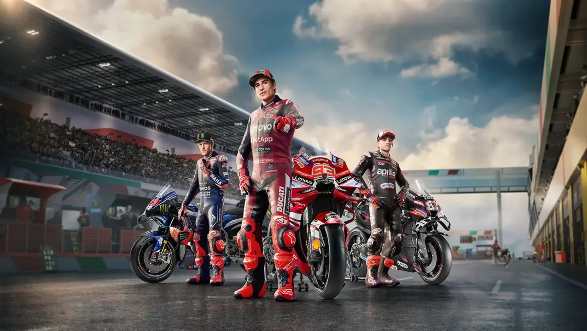 Confira os lançamentos de jogos da última semana de abril e início de maio de 2026 5 Arte promocional de MotoGP 26 com três pilotos e suas motos em um autódromo