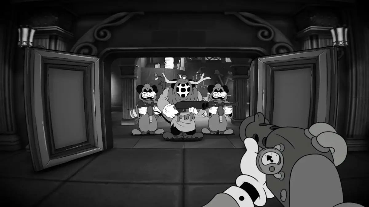 MOUSE: P.I. For Hire — o jogo noir que gera reclamações fracas 2 Cena de confronto em perspectiva primeira pessoa em MOUSE P.I. For Hire com três inimigos armados bloqueando a passagem