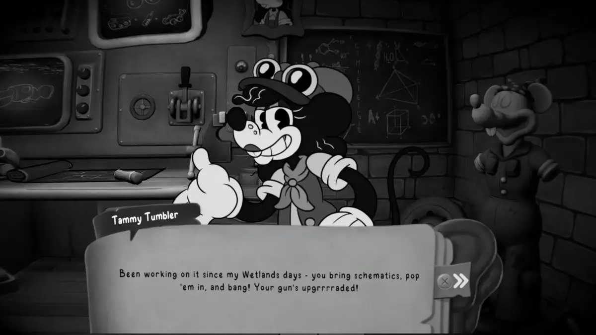 MOUSE: P.I. For Hire — o jogo noir que gera reclamações fracas 1 Personagem Tammy Tumbler em diálogo com Jack Pepper em cena de MOUSE P.I. For Hire com balão de fala na tela