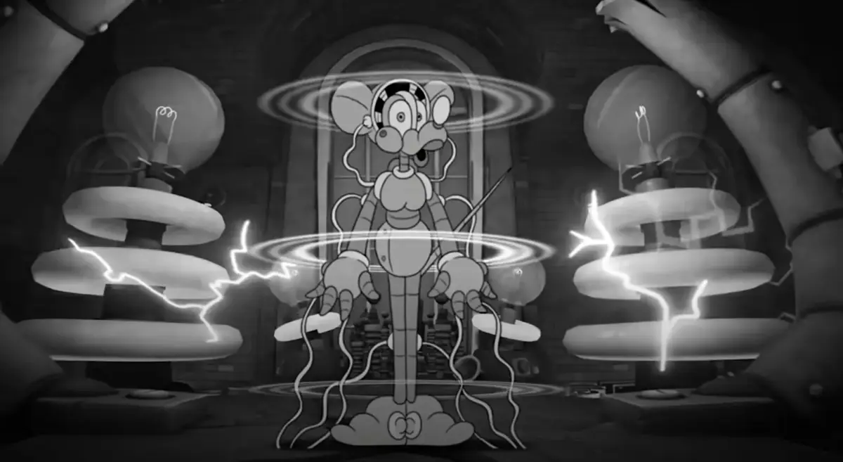 MOUSE: P.I. For Hire — o jogo noir que gera reclamações fracas 3 Perspectiva de primeira pessoa em MOUSE P.I. For Hire com inimigos posicionados em corredor iluminado estilo art déco