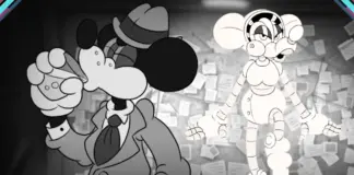Cena em preto e branco de MOUSE P.I. For Hire mostrando dois personagens cartoon estilo anos 30 em ambiente noir urbano