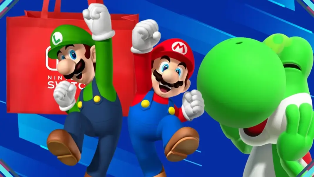 Luigi segurando a sacola vermelha exclusiva do Nintendo Switch 2, ao lado de Mario e Yoshi, brinde para membros My Nintendo na gamescom latam 2026