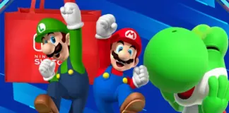 Luigi segurando a sacola vermelha exclusiva do Nintendo Switch 2, ao lado de Mario e Yoshi, brinde para membros My Nintendo na gamescom latam 2026