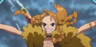 Personagem feminina Nami de tranças douradas com expressão determinada e traje folclórico no arco Elbaf, para o epísódio 1159 de One Piece