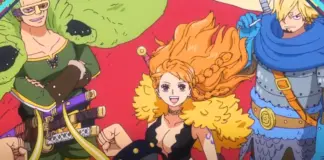 : Zoro, Nami e Sanji com trajes temáticos vikings no episódio 1159 de One Piece, arco Elbaf