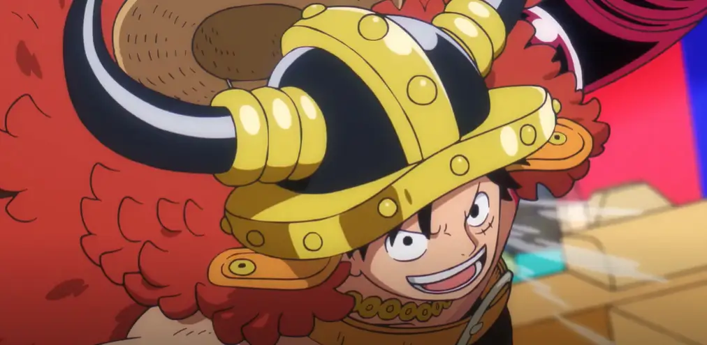 One Piece episódio 1159: falso deus-sol destrói Elbaf em perseguição implacável aos Chapéus de Palha 3 Monkey D. Luffy sorrindo com elmo viking dourado no episódio 1159 de One Piece, arco Elbaf