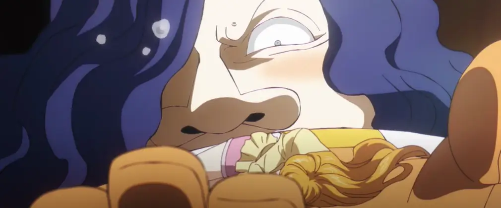 One Piece episódio 1159: falso deus-sol destrói Elbaf em perseguição implacável aos Chapéus de Palha 2 Gigante Road com cabelos azuis e expressão intensa observando Nami no episódio 1159 de One Piece