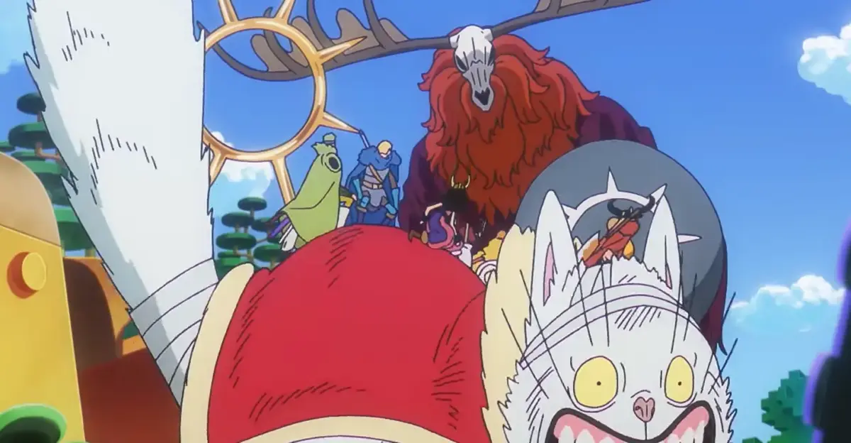 One Piece episódio 1159 do anime: Vale a pena assistir? 2 Grupo de personagens com Luffy e Chopper ao lado de seres míticos no arco Elbaf