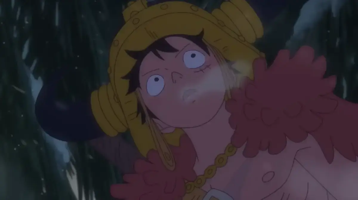 Prévia do episódio 1160 de One Piece traz encontro inédito em campo de neve 2 Luffy com capacete dourado e casaco vermelho olha assustado em meio à neve de Elbaf, no episódio 1160