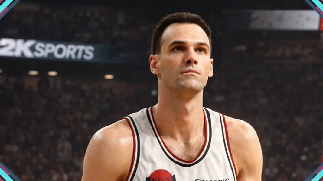 Recriação em estilo NBA 2K de Oscar Schmidt com o uniforme do Knorr Paluani Napoli, número 18, segurando uma bola em quadra com arena lotada ao fundo