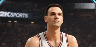 Recriação em estilo NBA 2K de Oscar Schmidt com o uniforme do Knorr Paluani Napoli, número 18, segurando uma bola em quadra com arena lotada ao fundo