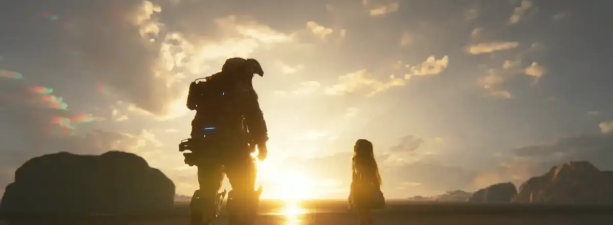 Silhuetas de Hugh e Diana diante de um pôr do sol em PRAGMATA
