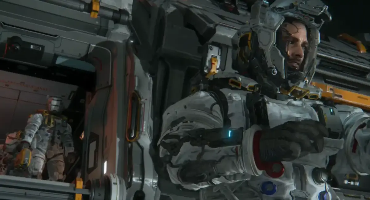 Hugh Williams sem capacete em close dentro da nave em PRAGMATA