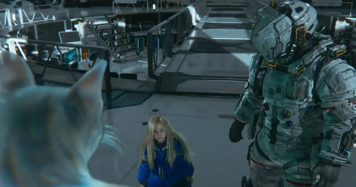 Diana observa um gato enquanto Hugh permanece ao fundo na instalação lunar de PRAGMATA