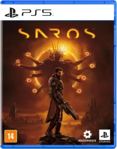 Capa oficial da Edição Standard de SAROS em mídia física para PlayStation 5, publicada pela Housemarque Studios, com o protagonista de costas segurando uma arma diante de uma criatura solar de múltiplos braços, lançamento nacional em 30 de abril de 2026.