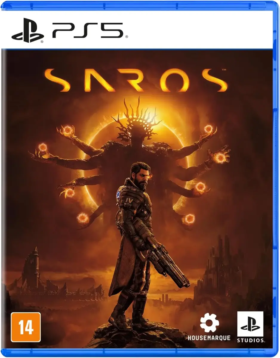 SAROS no PS5: onde comprar a mídia física mais barata antes do lançamento 1 Capa oficial de SAROS para PS5 em mídia física com protagonista armado e entidade de múltiplos braços ao fundo