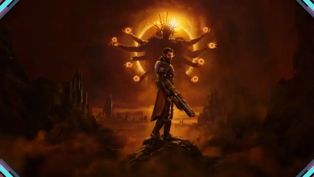 Arte oficial de SAROS com protagonista em rocha e entidade solar de múltiplos braços no horizonte escarlate