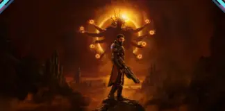 Arte oficial de SAROS com protagonista em rocha e entidade solar de múltiplos braços no horizonte escarlate
