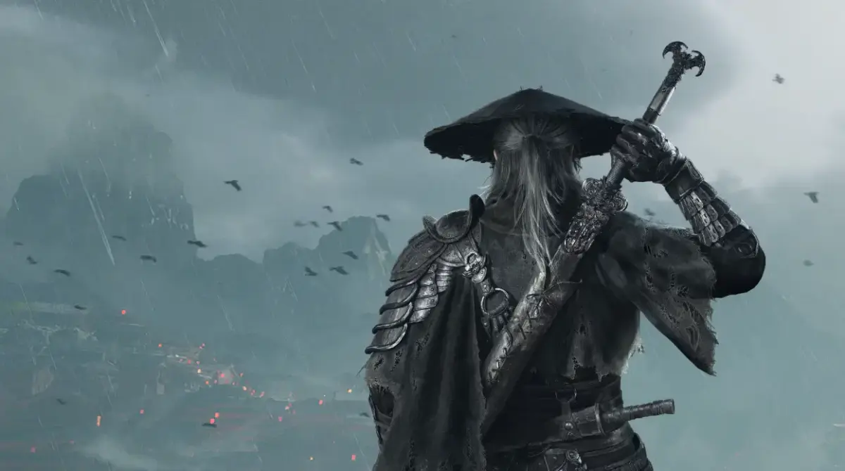 Jogos para jogar na gamescom latam 2026 que talvez você não conheça 1 Personagem de Phantom Blade Zero de costas, empunhando uma espada sob chuva intensa em cenário de fantasia sombria