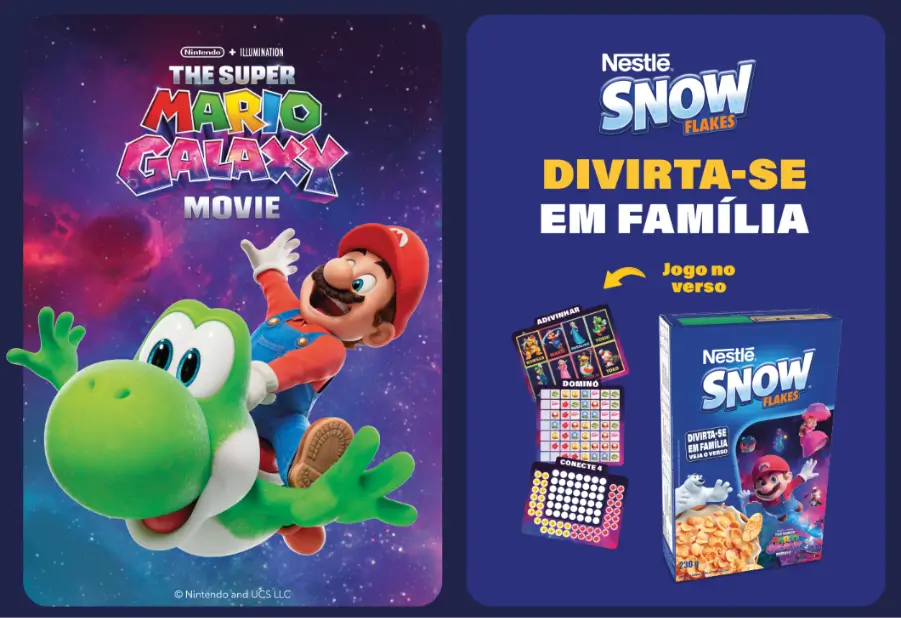 Embalagem de Snow Flakes com personagens de Super Mario Galaxy O Filme nas prateleiras de supermercado brasileiro