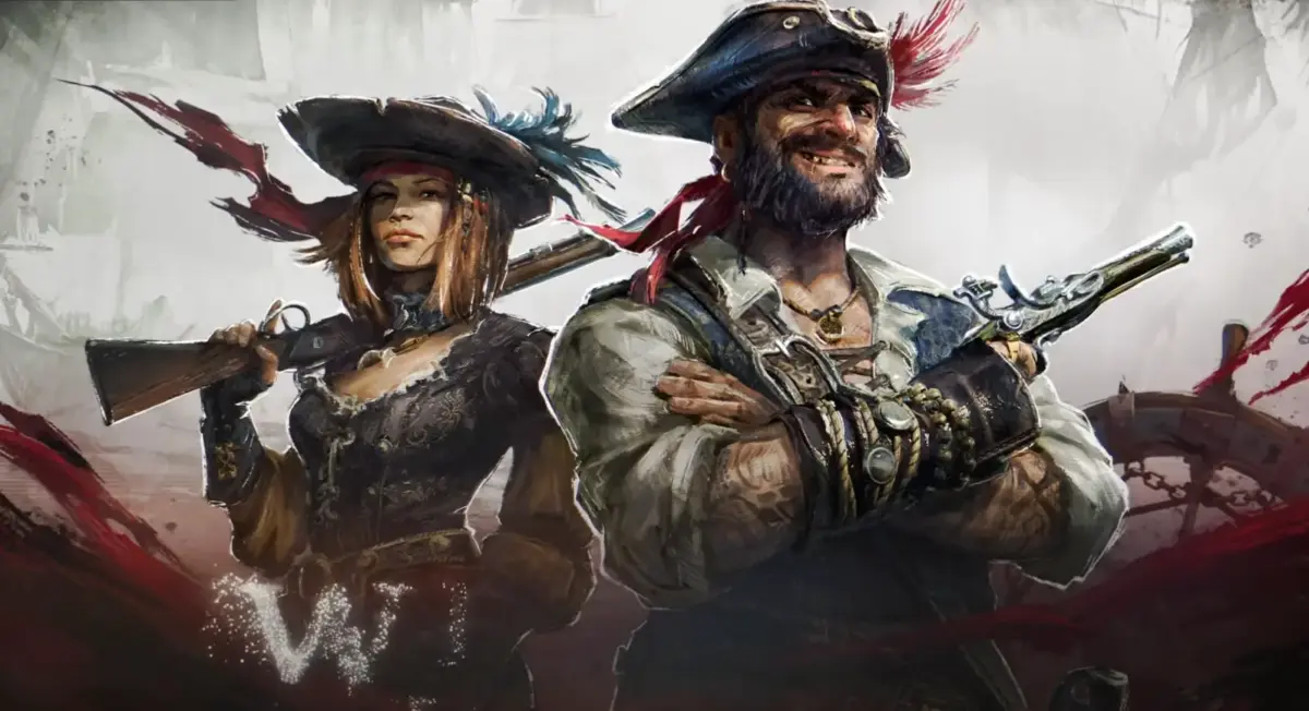Arte promocional de Windrose com dois personagens piratas armados posando, uma mulher com espingarda e um homem com pistola, com logo do jogo ao centro