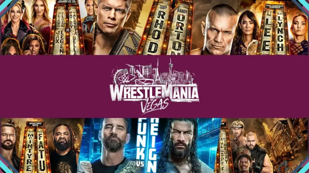 Logotipo oficial com lutadores da WWE WrestleMania 42 com fundo dramático do evento ao vivo em 2026