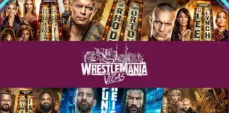 Logotipo oficial com lutadores da WWE WrestleMania 42 com fundo dramático do evento ao vivo em 2026