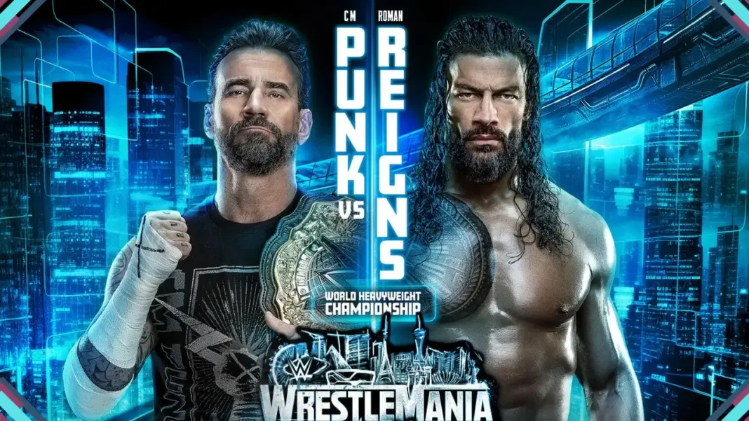 Card oficial da WWE WrestleMania 42 Noite 2 com CM Punk e Roman Reigns em destaque