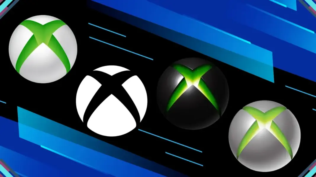 Quatro versões do logotipo do Xbox exibidas lado a lado — branca, cinza, verde-claro e verde-escuro — representando a transformação da identidade visual da marca durante o rebranding.