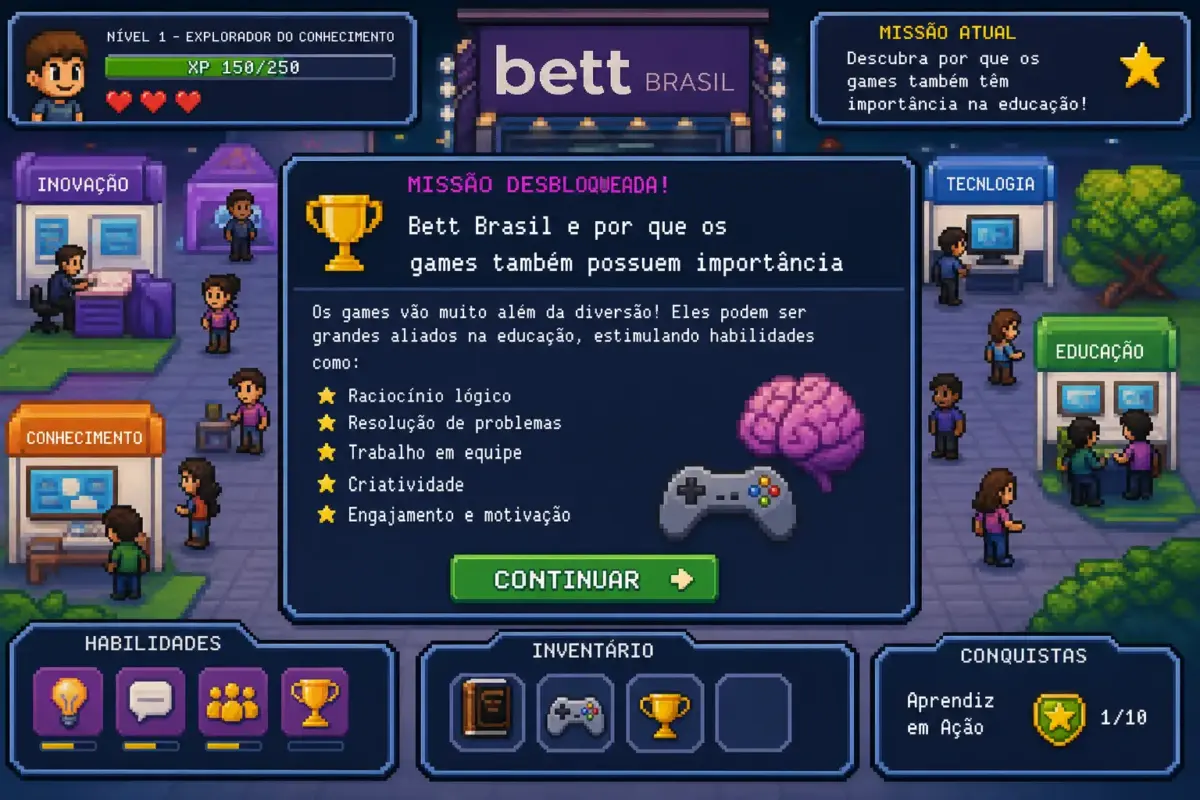 Bett Brasil e por que os games também possuem importância 1 Interface de jogo educativo em pixel art com a missão 'Bett Brasil e por que os games também possuem importância' desbloqueada.