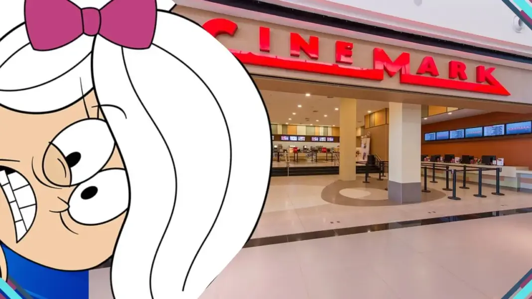 Personagem animada furiosa ao lado da fachada de uma unidade do Cinemark