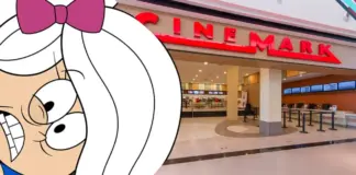 Personagem animada furiosa ao lado da fachada de uma unidade do Cinemark