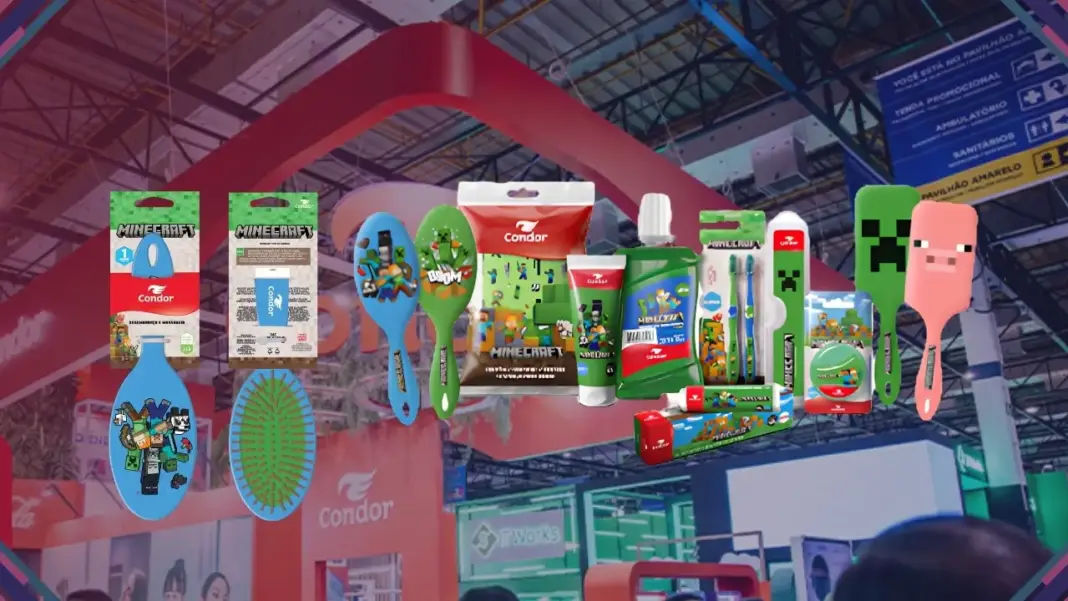 Estande da Condor na APAS SHOW 2026 com produtos licenciados de Minecraft, Disney e Pixar