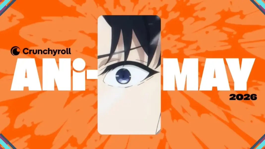 Banner oficial do Crunchyroll Ani-May 2026 com fundo laranja e olho de personagem de anime em destaque