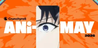 Banner oficial do Crunchyroll Ani-May 2026 com fundo laranja e olho de personagem de anime em destaque