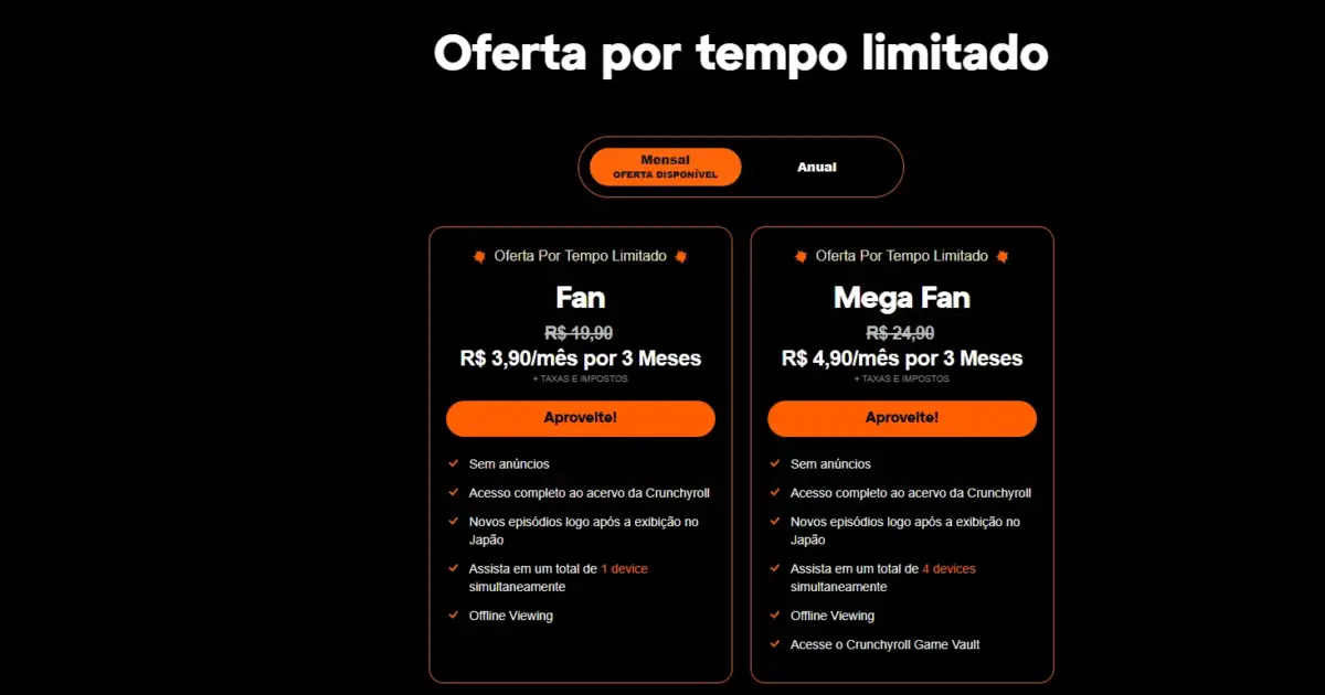 Crunchyroll anuncia desconto de assinatura com 3 meses por R$ 3,90 ao mês 1 Tabela com os planos Fan e Mega Fan da Crunchyroll em promoção Ani-May 2026, com preços de R$ 3,90 e R$ 4,90 por mês durante 3 meses