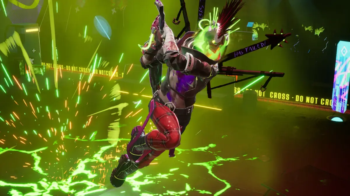 Inimiga com visual punk segurando guitarra e efeitos de explosão verde neon em cena de combate de Dead as Disco