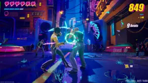  Screenshot de gameplay de Dead as Disco mostrando Charlie Disco em combate sincronizado com a música em cenário urbano com iluminação neon, exibindo o contador de 9 Beats e pontuação 849 no HUD.