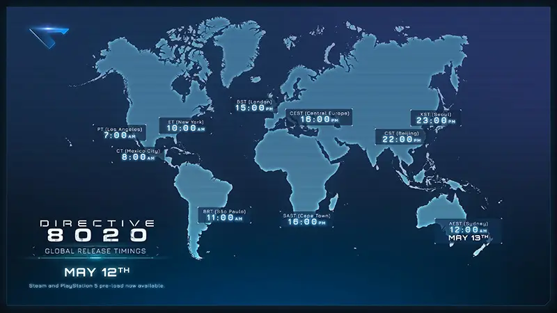 Mapa mundial com os horários de lançamento globais de Directive 8020, destacando o horário do Brasil às 11h de 12 de maio de 2026