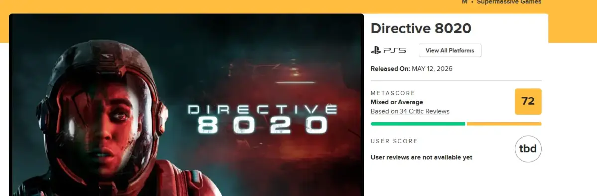Directive 8020 notas do Metacritic para o Jogo