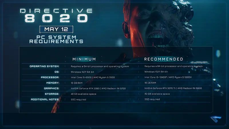 Tabela oficial com requisitos mínimos e recomendados de Directive 8020 para PC, publicada pela Supermassive Games para o lançamento em maio de 2026