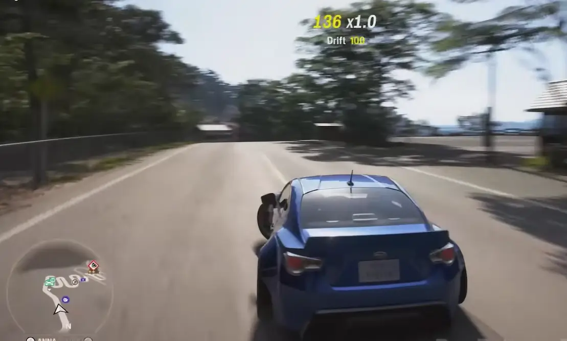 Forza Horizon 6 ambientado no Japão — e a Microsoft sabe que não pode errar desta vez 3 Subaru BRZ azul em zona de drift em estrada rural de Forza Horizon 6, com HUD mostrando pontuação de drift