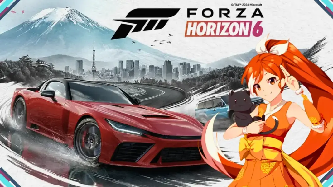 Arte oficial de Forza Horizon 6 com carro em estrada japonesa ao pôr do sol, com logo da Crunchyroll sobreposto, referente à parceria Ani-May 2026
