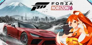 Arte oficial de Forza Horizon 6 com carro em estrada japonesa ao pôr do sol, com logo da Crunchyroll sobreposto, referente à parceria Ani-May 2026